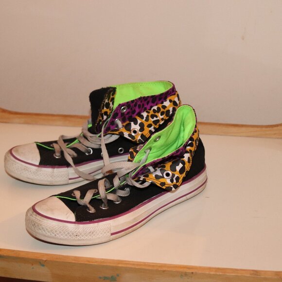 Converse Double Flap Leopard Black Purple Lime Green Women 8 Chuck Taylor Shoe - Picture 8 of 8